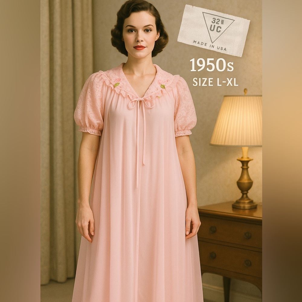 Vintage 1950s Sheer Pink Lace Peignoir Robe L/XL